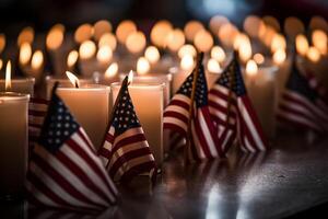 ai generado un americano bandera suavemente cubierto terminado un fila de monumento velas con un fondo de solemnidad en patriota día. generativo ai foto