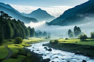 AI generated Misty morning over a tranquil mountain valley. Generative AI photo