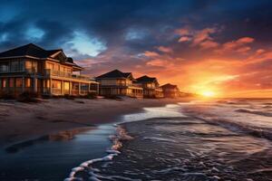 AI generated Sunrise illuminating beachfront homes. Generative AI photo