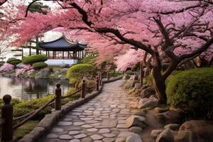 AI generated A peaceful garden with serene afternoon blossoms. Generative AI photo