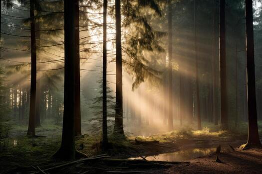 AI generated Misty forest clearing with sunbeams piercing through the mist. Generative AI photo
