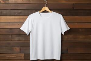 AI generated Blank white T-shirt mock-up on a wooden hanger. Generative AI photo