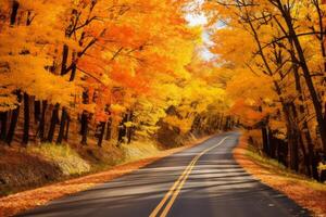 AI generated A road lined with vibrant autumn trees, creating a colorful canopy. Generative AI photo