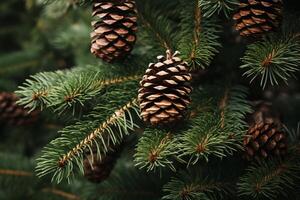 AI generated Close up of pinecones on an evergreen bough. Generative AI photo