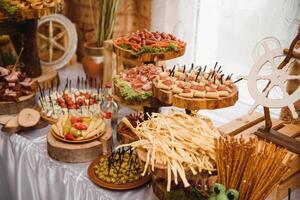 Meat and cheese appetizers. Antipasti and catering platter with different meat and cheese products. photo