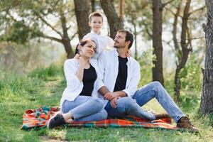 contento joven familia gasto hora al aire libre en un verano día tener divertido a hermosa parque en naturaleza mientras sentado en el verde césped. contento familia. foto