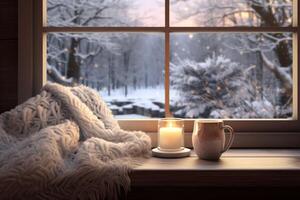 AI generated Cozy winter scene mockup with a blanket, a cup of cocoa, and frosty window lighting. Generative AI photo