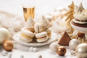 AI generated Elegant gold and white holiday dessert flatlay with macarons, chocolates, and a decadent cake. Generative AI photo