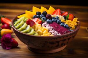 AI generated A colorful acai bowl with artistic fruit arrangements. Generative AI photo