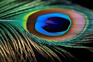 AI generated A detailed shot of a peacock feather, highlighting its iridescence. Generative AI photo