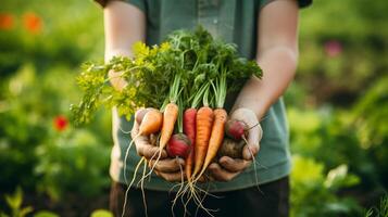 AI generated Farmer's hands holding freshly harvested vegetables. Generative AI photo