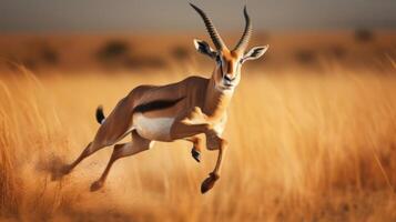 AI generated A gazelle running through a field of tall grass. Generative AI photo