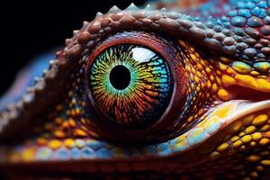 AI generated A detailed shot of a vibrant chameleon's eye. Generative AI photo