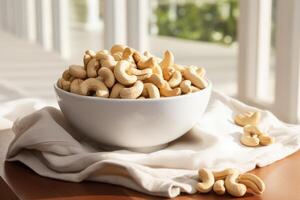 AI generated Cashews in a white ceramic bowl with a cloth napkin. Generative AI photo
