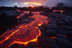 ai generado maravilloso lava fluye creando nuevo tierra. generativo ai foto