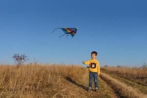 Happy child playing with a kite while running on meadow, sunset, in summer day. Funny time with family. Little boy launch a kite. photo