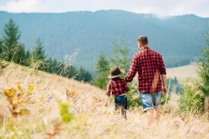 contento padre y pequeño niño son caminando en el montañas. del padre día. vacaciones en el nacional parque foto