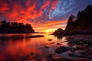 ai generado un hermosa puesta de sol terminado el Oceano con rocas en el primer plano. generativo ai foto