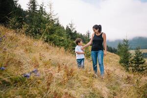 joven mamá con bebé chico de viaje. madre en excursionismo aventuras con niño, familia viaje en montañas. nacional parque. caminata con niños. activo verano vacaciones. foto