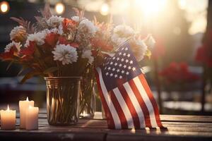 AI generated An American flag displayed next to a row of flowers and candles in a Patriot Day scene of unity. Generative AI photo