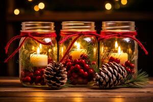 AI generated Candlelit mason jars with holly berries and pine cones. Generative AI photo