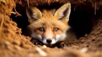 AI generated A small fox is peeking out of a hole. Generative AI photo