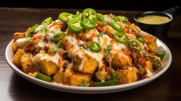 AI generated Irresistible and greasy loaded tater tot nachos topped with cheese, bacon, and jalapenos. Generative AI photo