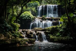 AI generated Cascading waterfall surrounded by lush vegetation, showcasing nature's beauty. Generative AI photo