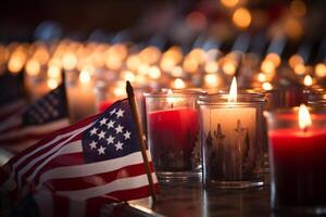ai generado un americano bandera suavemente cubierto terminado un fila de monumento velas con un fondo de reflexión en patriota día. generativo ai foto