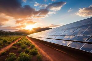 AI generated A solar farm capturing sunlight to produce renewable energy. Generative AI photo