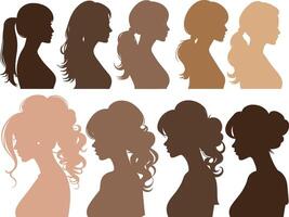 conjunto de vector mujer cabeza con diferente peinados siluetas Moda y belleza ilustración