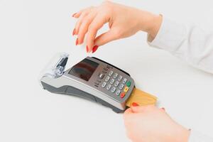 paying through smartphone using NFC technology. payment by phone through the terminal photo