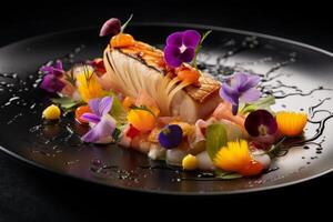 AI generated An artistically plated seafood dish with colorful garnishes. Generative AI photo