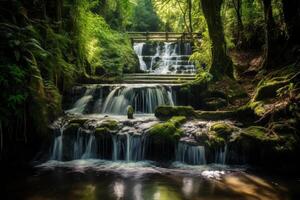 AI generated Cascading waterfall surrounded by lush greenery in the forest. Generative AI photo