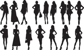 set of silhouette fashion girls vector