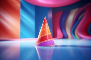 AI generated A fluid motion shot of a 3D cone rotating gracefully in a colorful environment. Generative AI photo