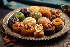ai generado un plato de delicioso Arábica dulces para Eid. generativo ai foto