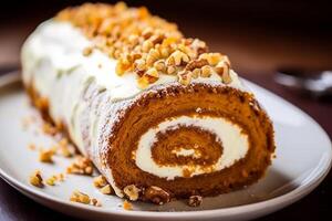 AI generated A delicious pumpkin roll cake with cream cheese filling. Generative AI photo