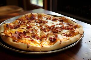 AI generated Homemade bacon and cheese pizza straight from the oven. Generative AI photo