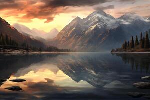 AI generated The serene stillness of a mountain lake at dawn. Generative AI photo