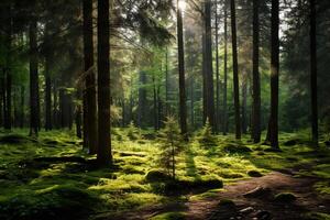 AI generated Sunlight streaming into an evergreen glade. Generative AI photo