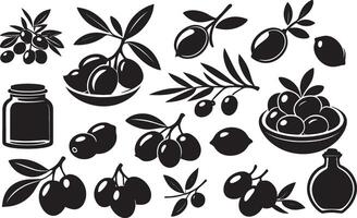Olive vector icon, oil bottle . Mediterranean olive fruits, leaf branch, black silhouettes isolated on white background. Food illustration