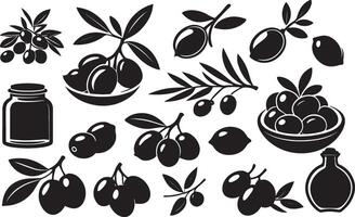 Olive vector icon, oil bottle . Mediterranean olive fruits, leaf branch, black silhouettes isolated on white background. Food illustration