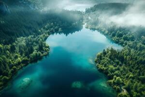 ai generado aéreo ver de un sereno azul lago rodeado por denso bosques generativo ai foto