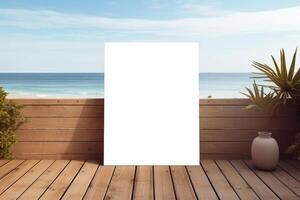 AI generated Poster template on a wooden deck by the beach. Generative AI photo