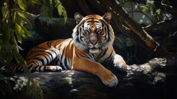 AI generated A painting of a tiger laying on a rock. Generative AI photo