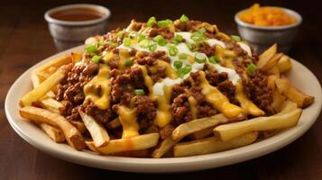 AI generated Greasy and mouthwatering chili cheese fries. Generative AI photo