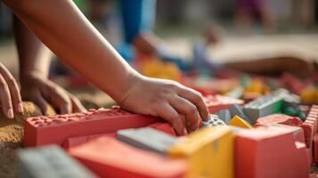 AI generated Close-up of hands building a playground in a disadvantaged neighborhood. Generative AI photo