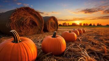 AI generated Autumn landscape with pumpkins scattered on a hay bale, emphasizing the beauty of the harvest season. Generative AI photo