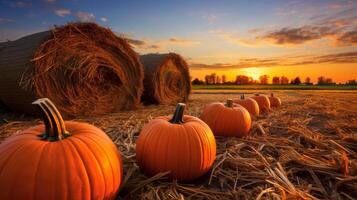 ai generado otoño paisaje con calabazas dispersado en un heno bala, enfatizando el belleza de el cosecha estación. generativo ai foto